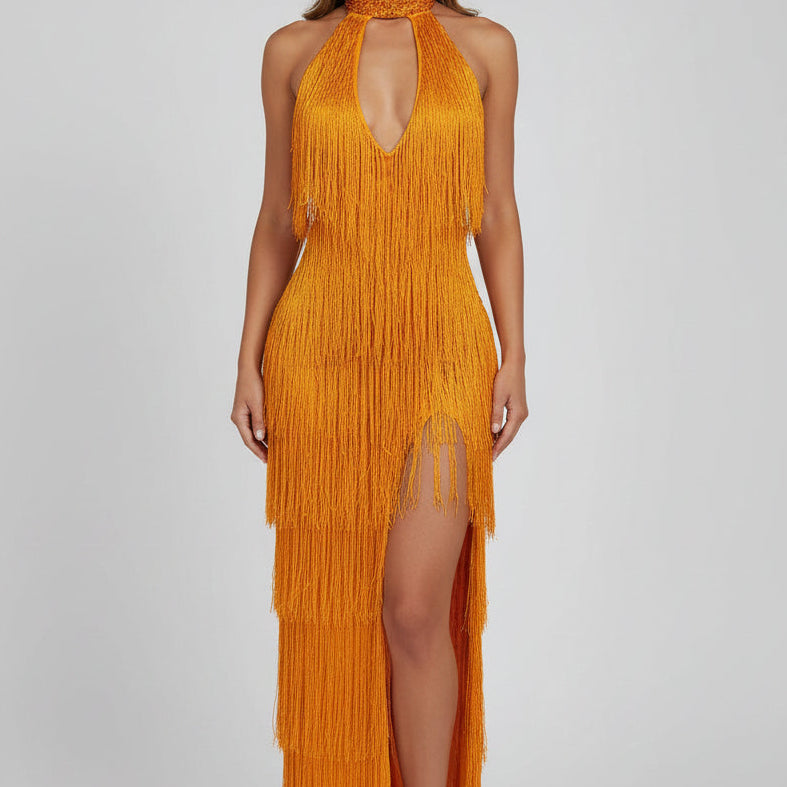 Jessica Bara Reesia Crystal Fringe Cut Out Slit Maxi Dress