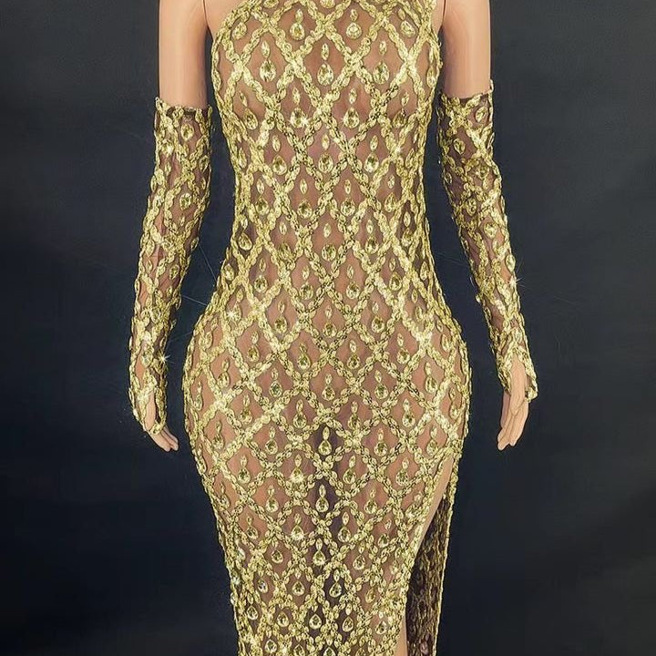 Jessica Bara Xenon One Shoulder Crystal Slit Maxi Dress With Gloves