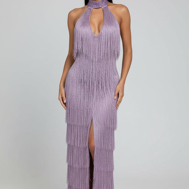 Jessica Bara Reesia Crystal Fringe Cut Out Slit Maxi Dress