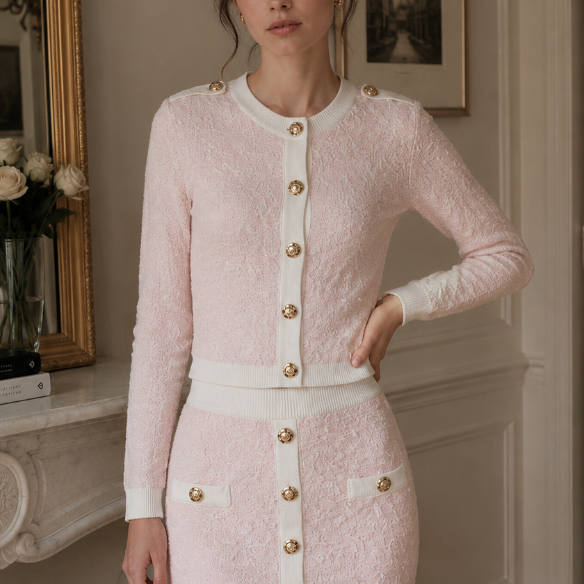 Jessica Bara Rushana Gold Button Long Sleeve Cardigan Top and Mini Skirt Two Piece Set