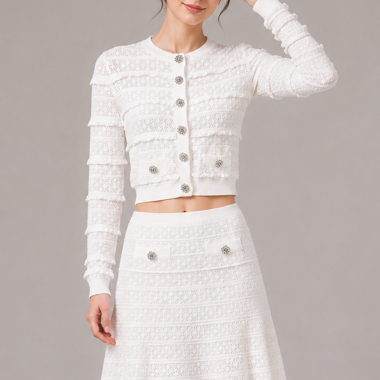 Jessica Bara Amfoba Long Sleeve Cardigan Top and Mini Skirt Two Piece Set