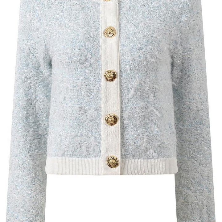 Jessica Bara Rushana Gold Button Long Sleeve Cardigan Top and Mini Skirt Two Piece Set