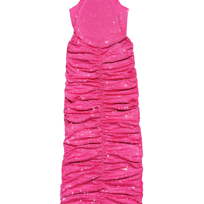 Jessica Bara Jara High Neck Halter Ruched Crystal Maxi Dress