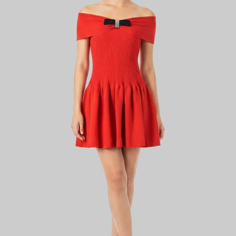 Jessica Bara Shaira Off The Shoulder Flare Bow Mini Dress