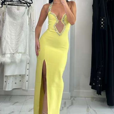Jessica Bara Shahaira Crystal Cut Out Slit Maxi Dress