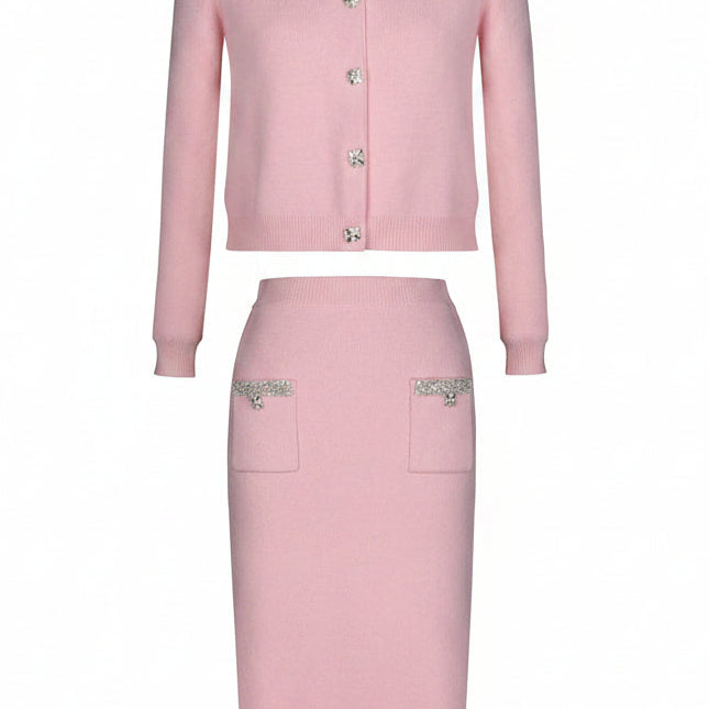 Jessica Bara Hensera Knit Long Sleeve Cardigan Top and Midi Skirt Two Piece Set