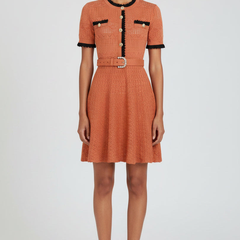 Jessica Bara Azlieka Knit Gold Button Belted Mini Dress