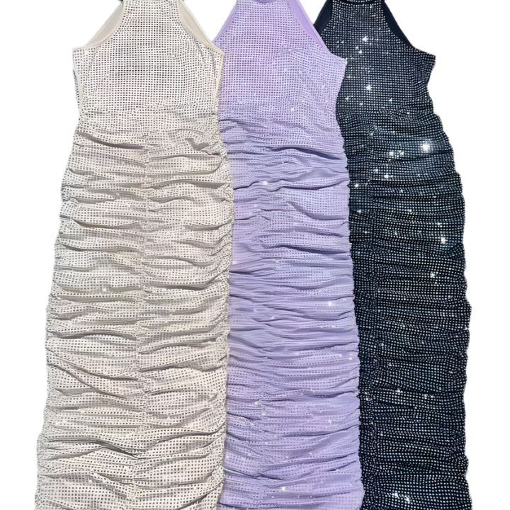 Jessica Bara Jara High Neck Halter Ruched Crystal Maxi Dress