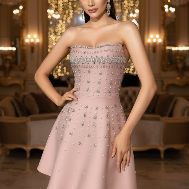 Jessica Bara Nerami Strapless Tube Crystal Beaded Mini Dress