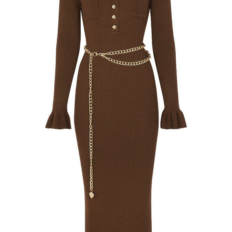 Jessica Bara Fity Gold Button Long Sleeve Midi Dress