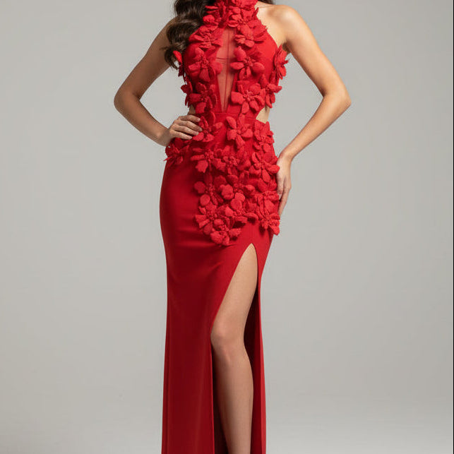 Jessica Bara Vraka Flower Halter Cut Out Slit Maxi Dress