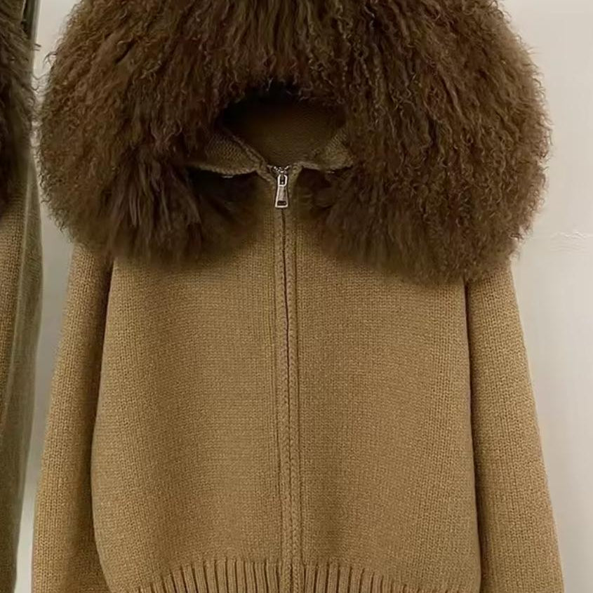 Jessica Bara Ajoni Fur Hood Knit Zip Up Sweater