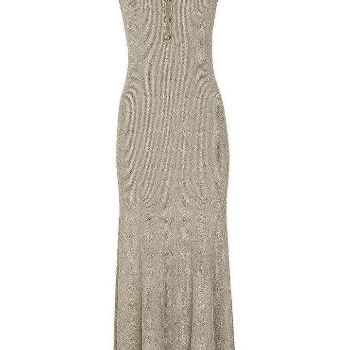 Jessica Bara Amiza Gold Button Turtleneck Maxi Dress