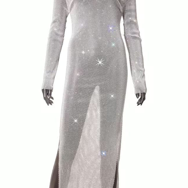 Jessica Bara Avidazel Metallic Glitter Long Sleeve Maxi Dress