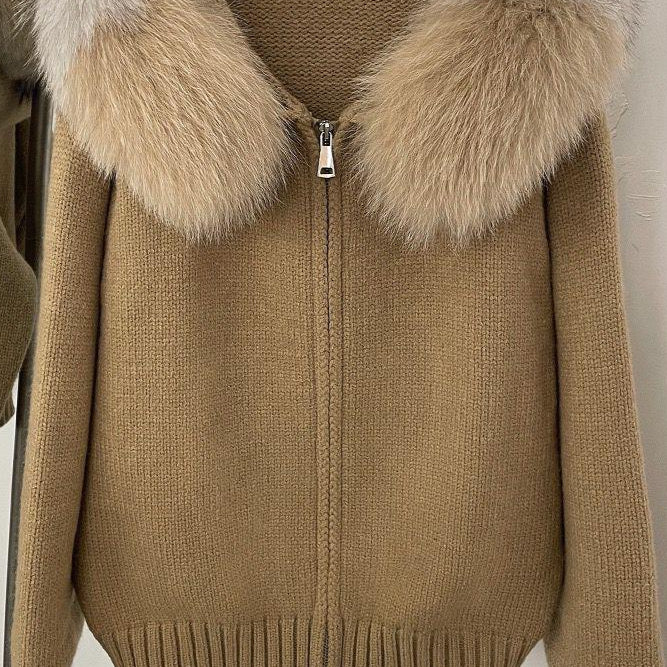 Jessica Bara Ajoni Fur Hood Knit Zip Up Sweater