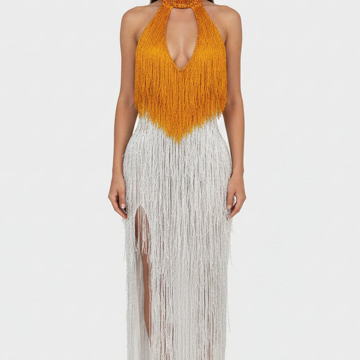 Jessica Bara Reesia Crystal Fringe Cut Out Slit Maxi Dress