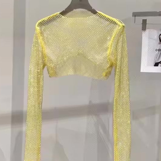 Jessica Bara Izarel Metallic Glitter See Through Long Sleeve Top