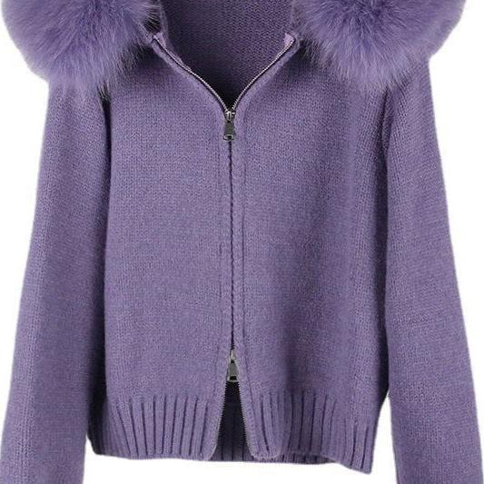 Jessica Bara Rialie Fur Hood Knit Zip Up Sweater