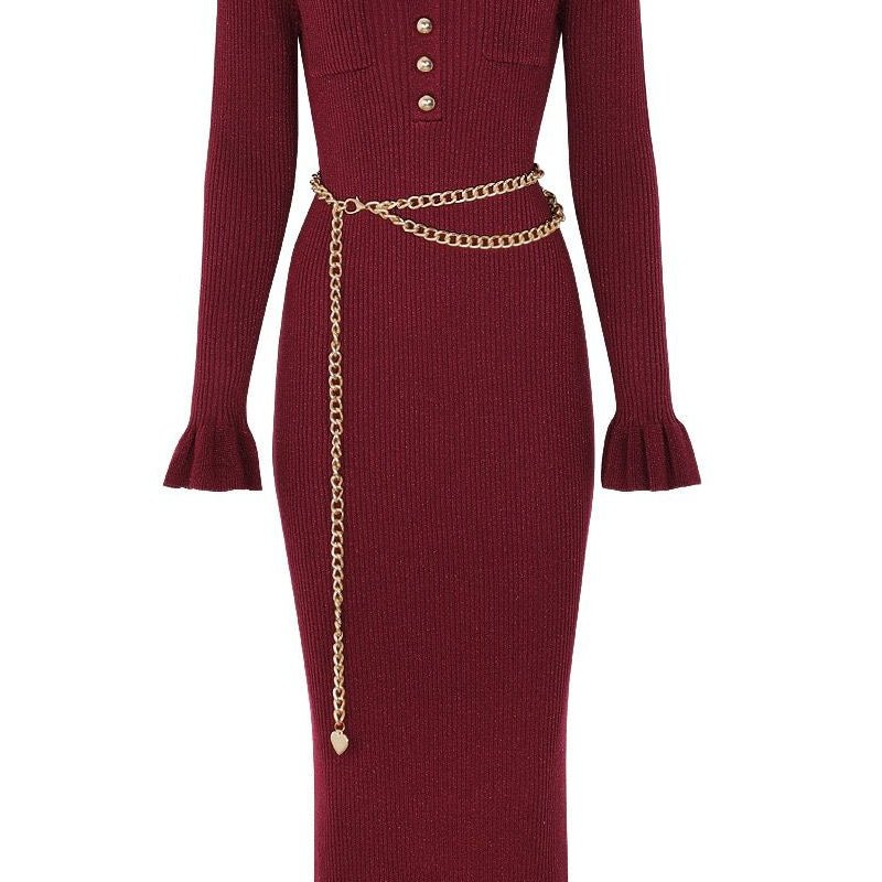 Jessica Bara Fity Gold Button Long Sleeve Midi Dress