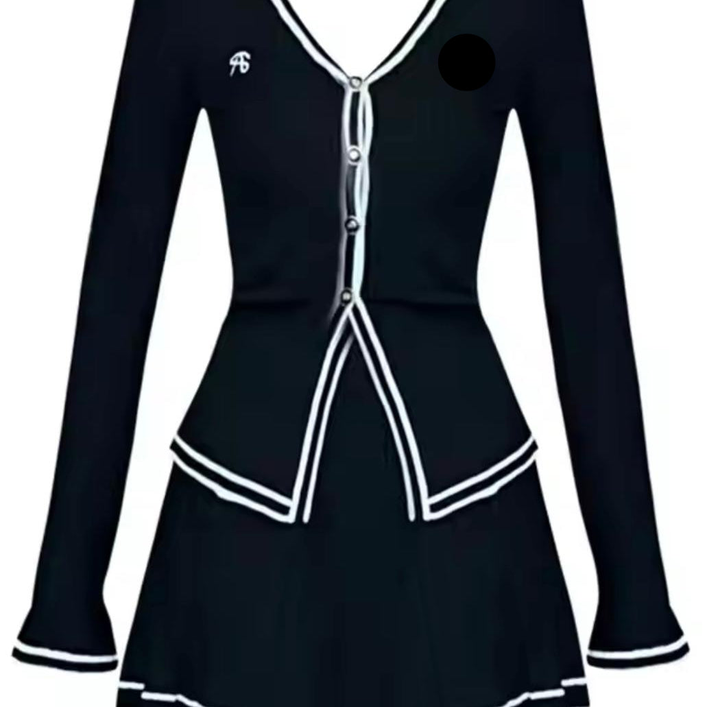 Jessica Bara Shamel Knitted Cardigan Top and Pleated Mini Skirt Two Piece Set