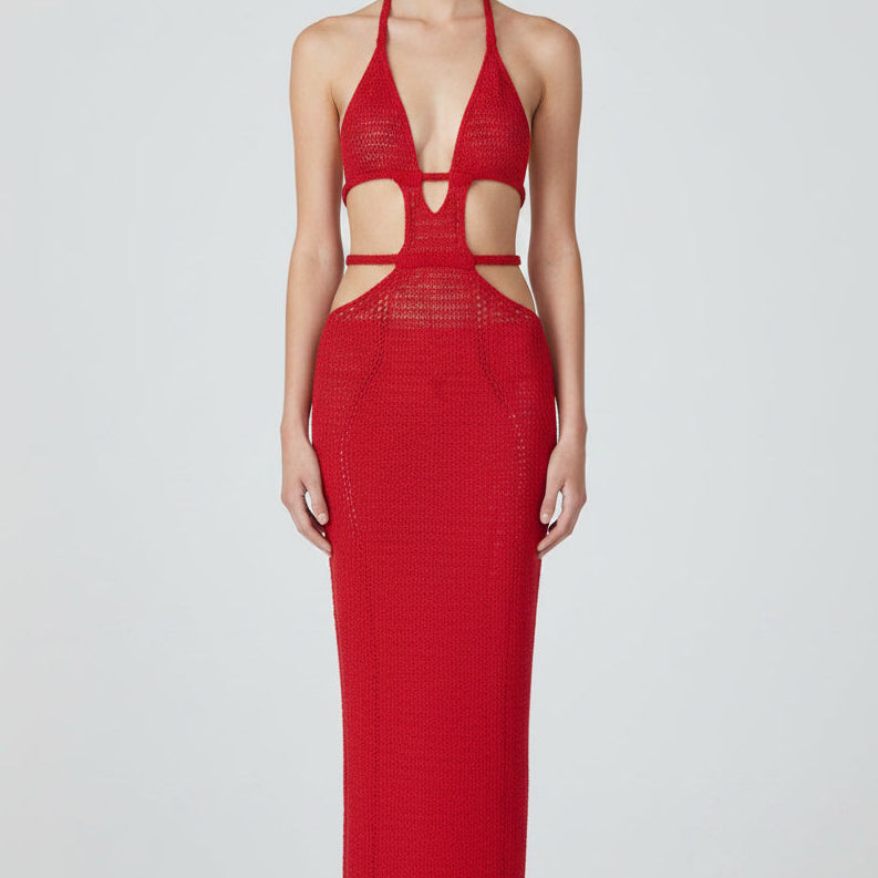 Jessica Bara Katana Crochet Halter Cut Out Maxi Dress