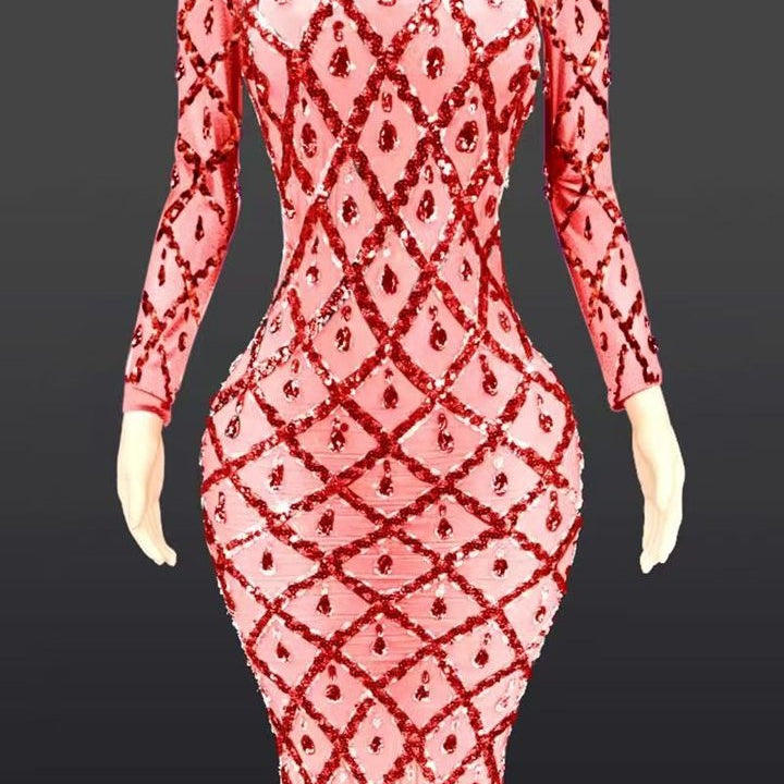 Jessica Bara Jasmeen Crystal Mesh Long Sleeve Maxi Dress