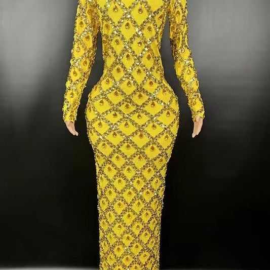 Jessica Bara Jasmeen Crystal Mesh Long Sleeve Maxi Dress