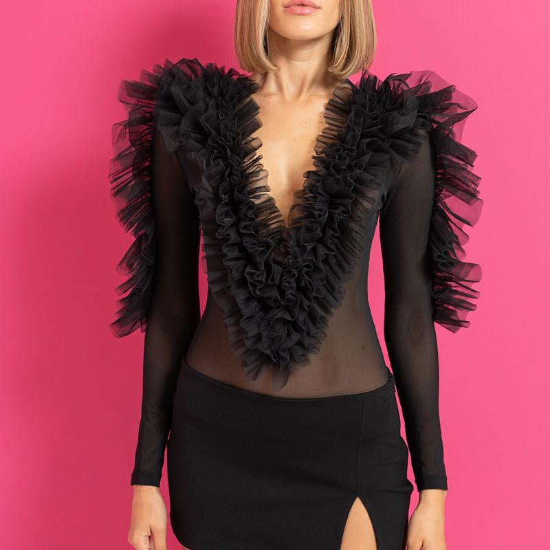 Jessica Bara Heraya Deep V-Neck Ruffle Bodysuit