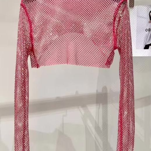 Jessica Bara Izarel Metallic Glitter See Through Long Sleeve Top