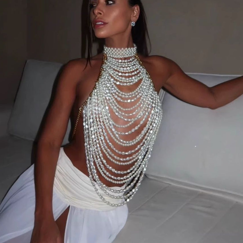 Jessica Bara Zadie Pearl Fringe Halter Top