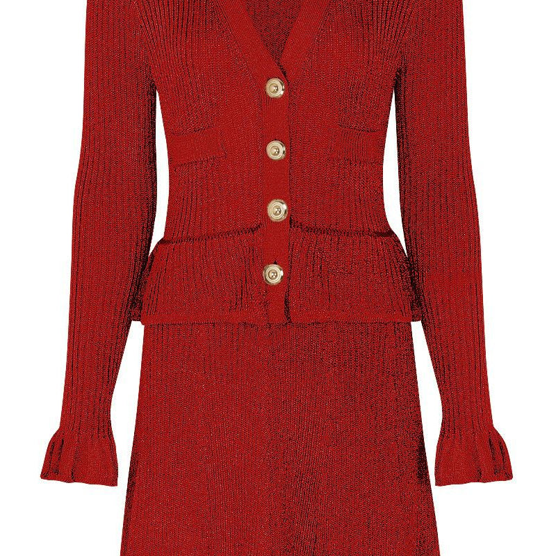 Jessica Bara Dellas Knit Gold Button Peplum Long Sleeve Mini Dress
