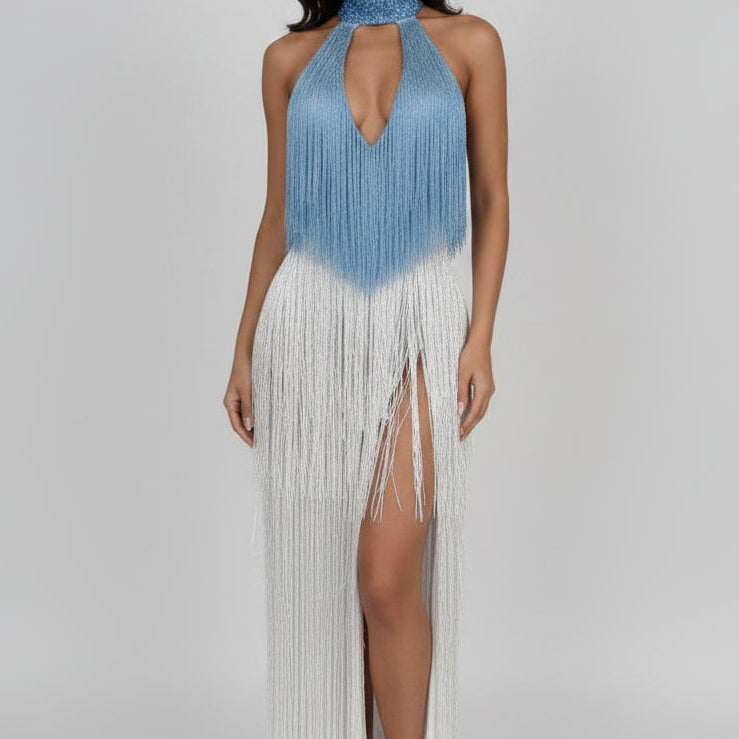 Jessica Bara Reesia Crystal Fringe Cut Out Slit Maxi Dress