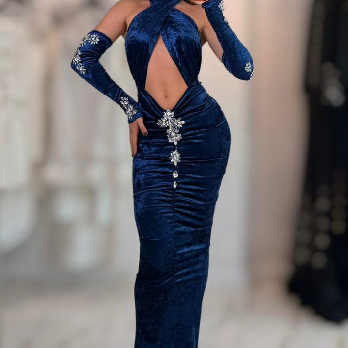 Jessica Bara Nila Velvet Halter Cut Out Maxi Dress with Sleeves