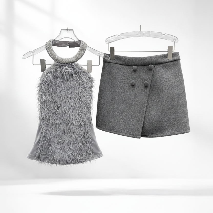 Jessica Bara Lily Crystal Feather Top and Mini Skirt Two Piece Set