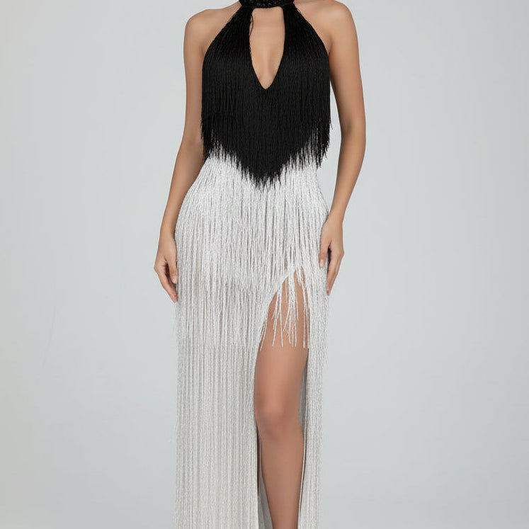 Jessica Bara Reesia Crystal Fringe Cut Out Slit Maxi Dress