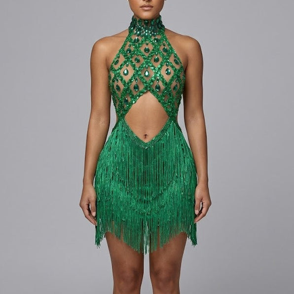 Jessica Bara Shiela High Neck Halter Crystal Fringe Mini Dress