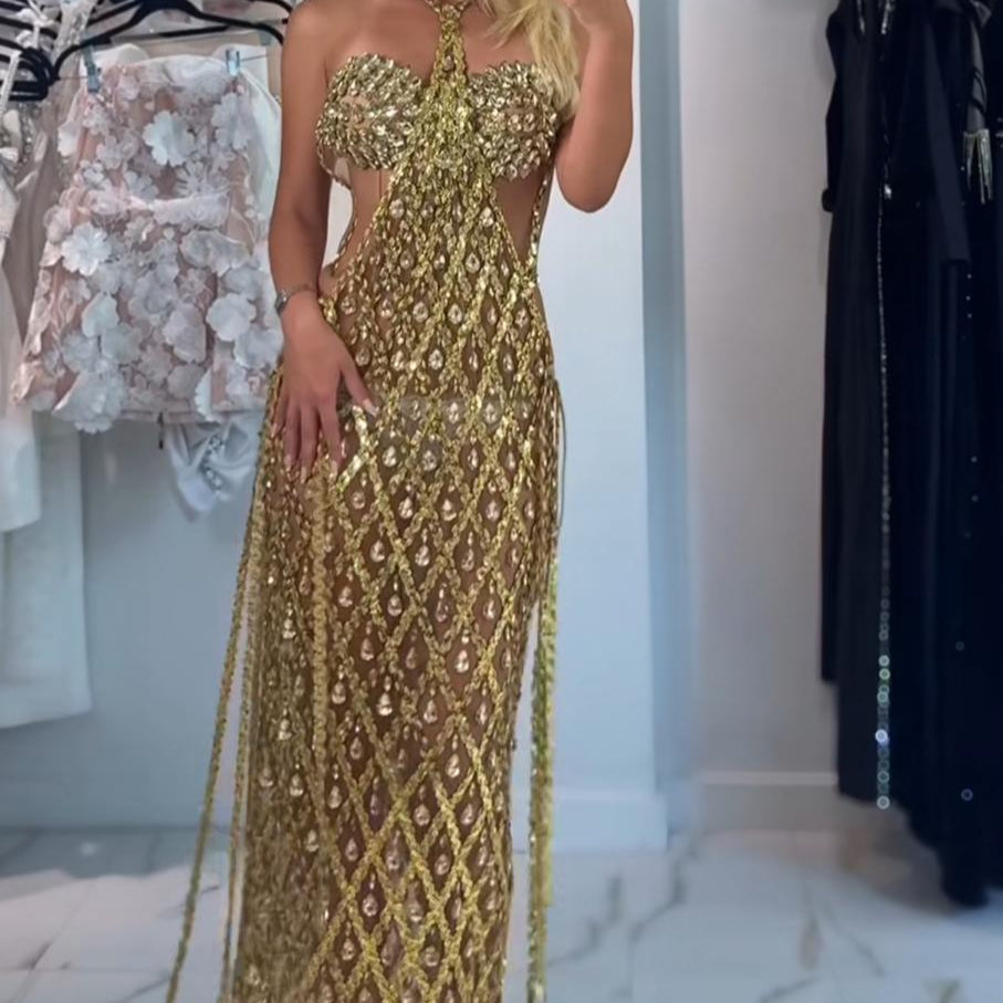 Jessica Bara Naomi Crystal High Neck Halter Gown