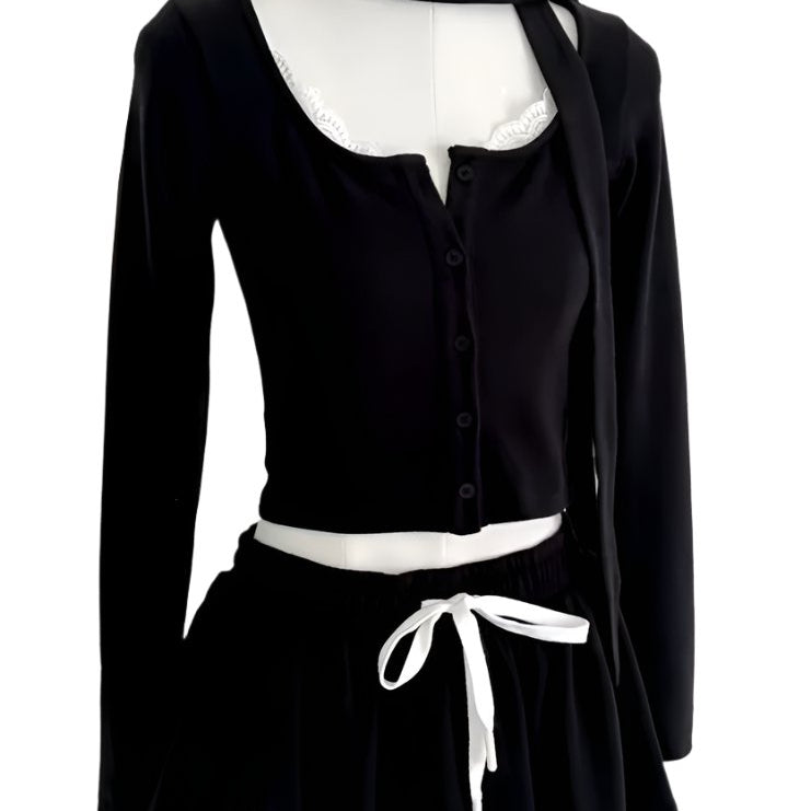 Jessica Bara Joanna Knit Long Sweater and Mini Skirt with Scarf Two Piece Set