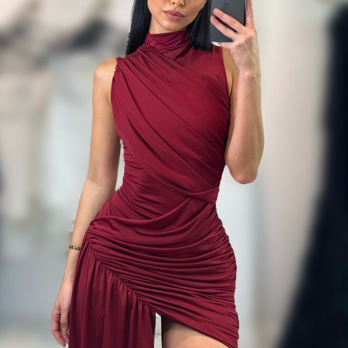 Jessica Bara Avesha High Neck Ruched Mini Dress