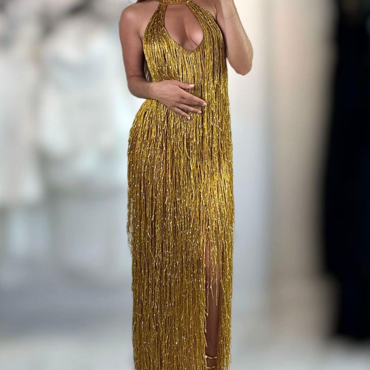 Jessica Bara Reesia Crystal Fringe Cut Out Slit Maxi Dress