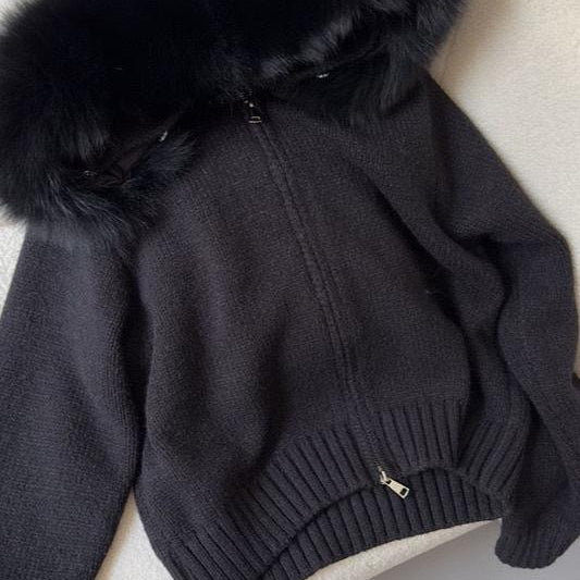 Jessica Bara Rialie Fur Hood Knit Zip Up Sweater