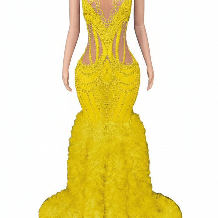 Jessica Bara Haze Crystal High Neck Ruffle Gown