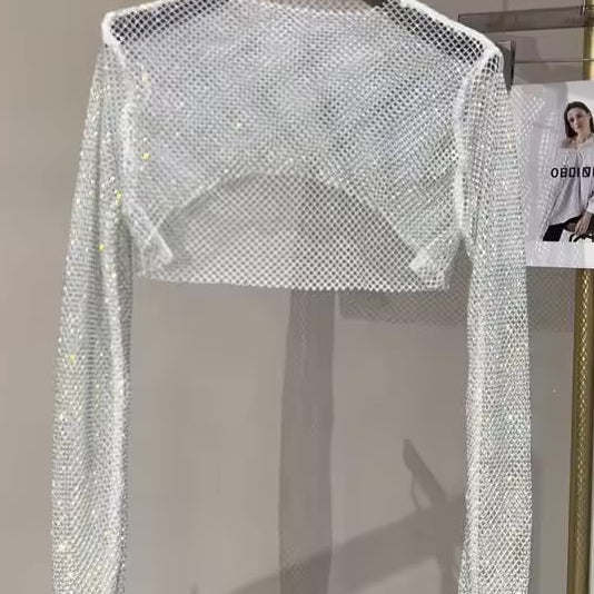 Jessica Bara Izarel Metallic Glitter See Through Long Sleeve Top