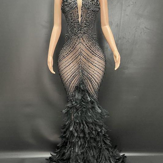 Jessica Bara Hannie Crystal Feather Maxi Dress