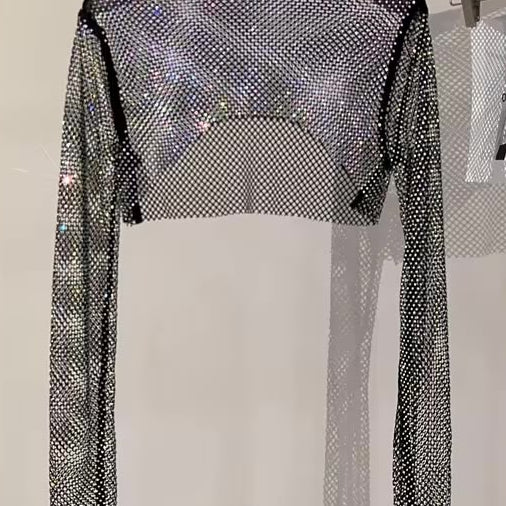 Jessica Bara Izarel Metallic Glitter See Through Long Sleeve Top