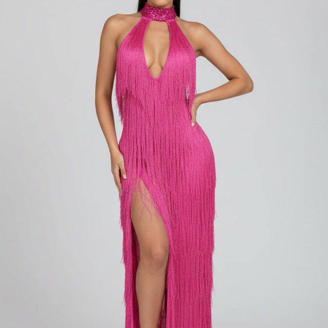 Jessica Bara Reesia Crystal Fringe Cut Out Slit Maxi Dress