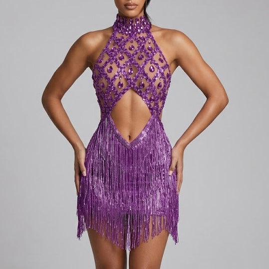 Jessica Bara Shiela High Neck Halter Crystal Fringe Mini Dress