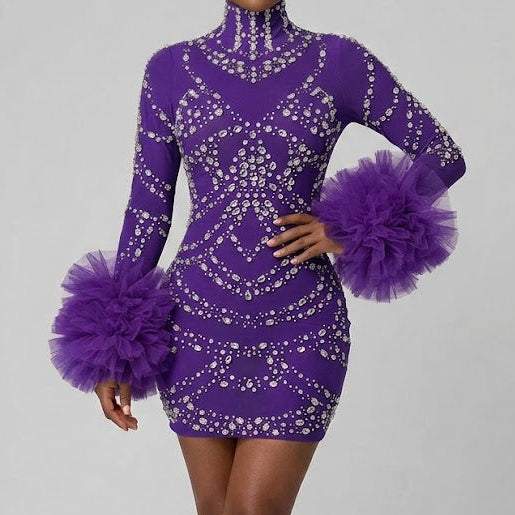 Jessica Bara Xerani Crystal Long Sleeve Ruffle Mini Dress