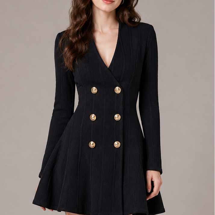 Jessica Bara Yukie Gold Button Long Sleeve Mini Dress