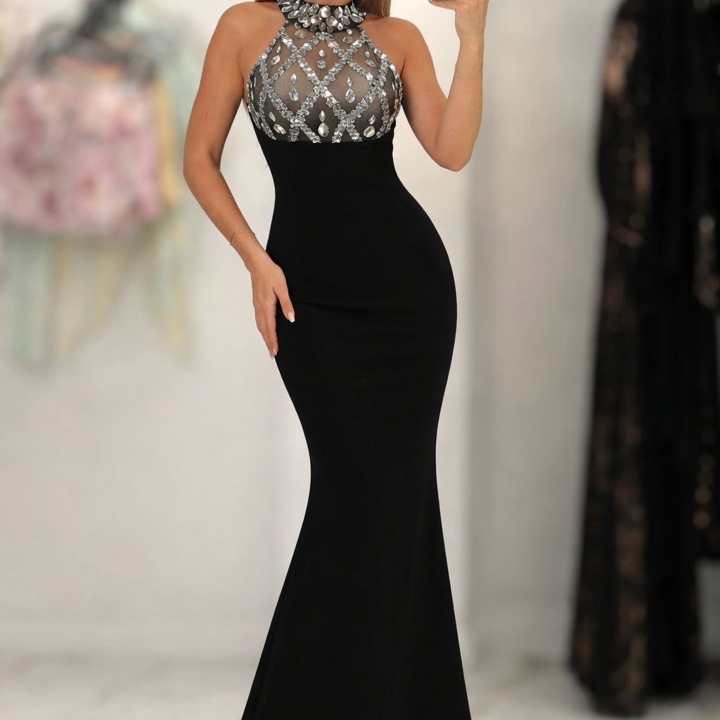 Jessica Bara Bersie Crystal High Neck Halter Gown